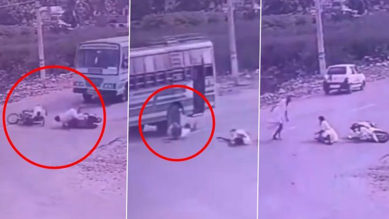 Man Escape from Death Video: நொடியில் பேருந்து சக்கரத்தில் சிக்கி சுக்குநூறான இருசக்கர வாகனம்; மயிரிழையில் உயிர்தப்பிய நபர்.. வைரல் வீடியோ இதோ.!